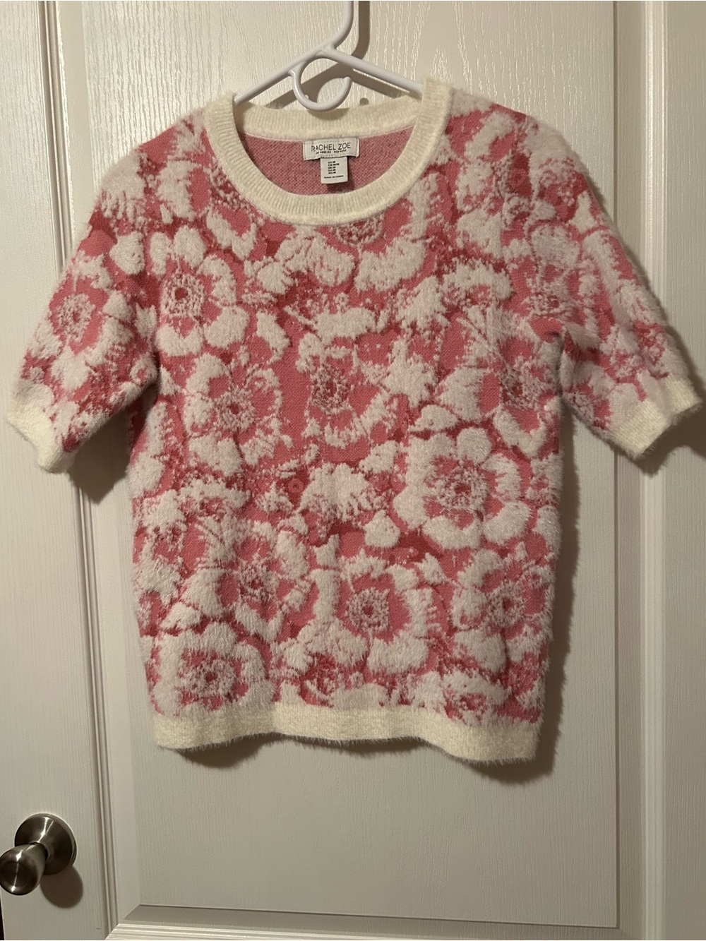 Rachel Zoe Pink & White Floral Fuzzy Short-Sleeve Sweater